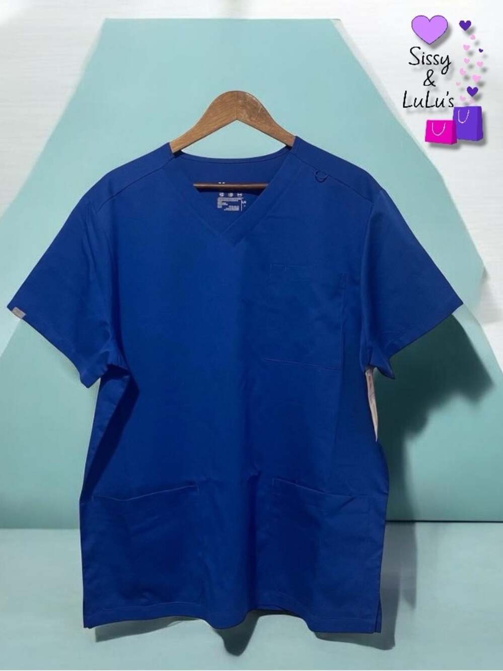 Hanes Womens V-Neck Scrub Top Royal Blue Short Sleeve Stretch 3 Pocket L NWT
